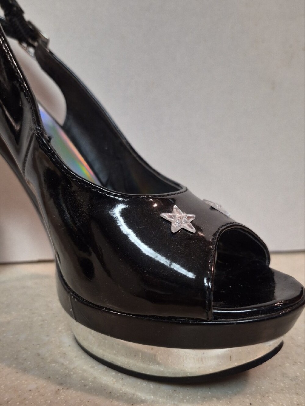Ellie Skylar Star Platform Sandals Black Patent Holographic Peep Toe Size 8 - Picture 8 of 16